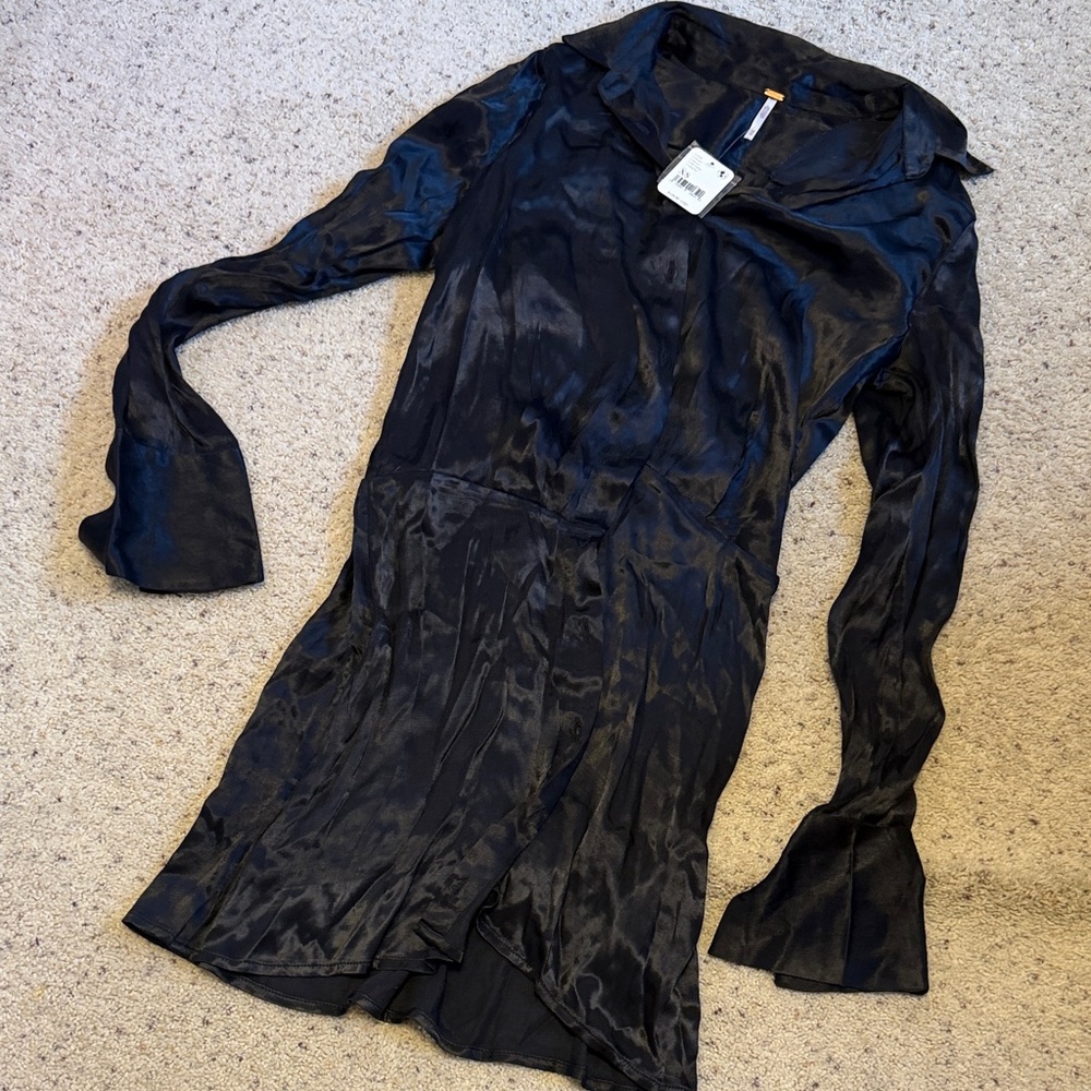 Free People Shimmering Black Long-Sleeve Button Up Dress
